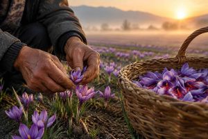 رداشت دستی گلهای بنفش زعفران در مزرعه هنگام طلوع آفتاب