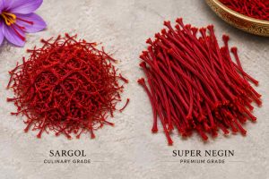 A comparative study of 'Negin' and 'Premium Sargol' saffron threads regarding stigma size.