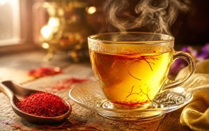 A cup of golden saffron infusion alongside a wooden spoon containing saffron stigmas, illustrating the brewing method.
