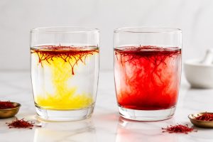 Side-by-side cold water test comparing authentic saffron releasing golden yellow color vs fake saffron releasing artificial red dye.
