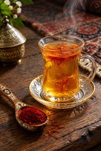 “A steaming glass cup of traditional Iranian saffron tea served on a rustic wooden table with premium red saffron threads.”